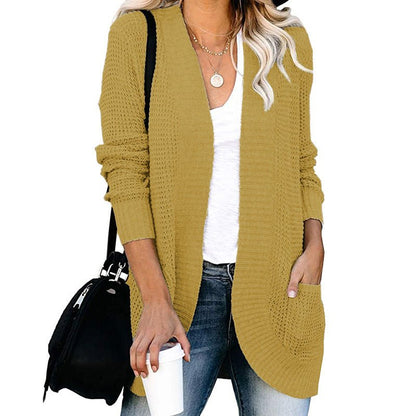 Cozy Long-Length Solid-Colored Cardigan for Autumn and Winter  S Apricot 