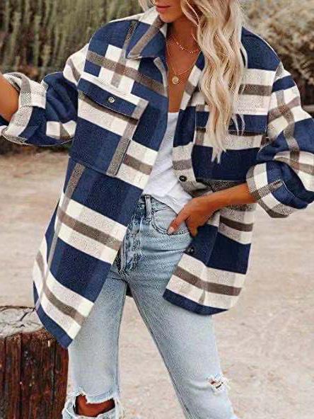 Women's Coats Woolen Plaid Button Long Sleeve Shirt Coats - Coats & Jackets - INS | Online Fashion Free Shipping Clothing, Dresses, Tops, Shoes - 24/09/2021 - 30-40 - COA2109241161